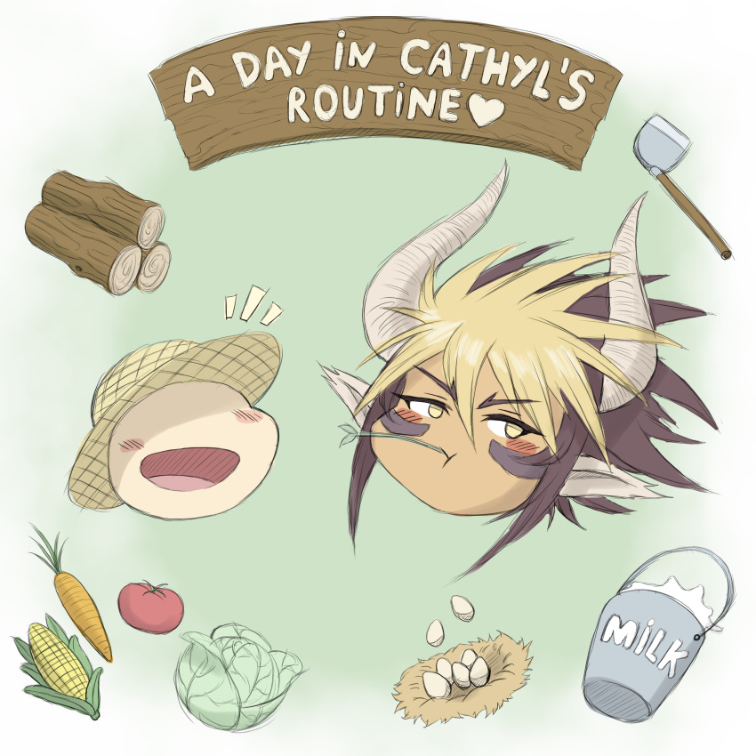 1boy, 1girl, absurdres, animal_ears, blonde_hair, blush, brown_hair, cabbage