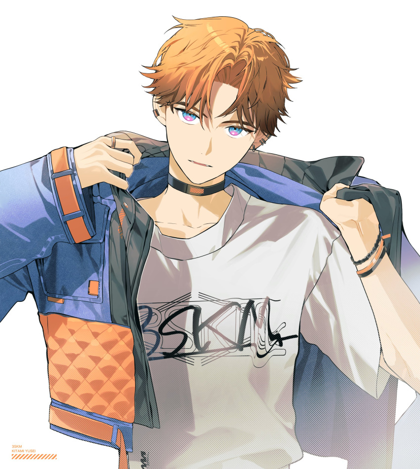 1boy, absurdres, black_choker, blue_eyes, blue_jacket, bracelet, character_name, choker
