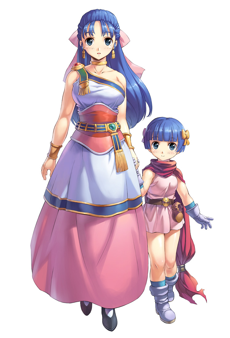 age_difference, blue_hair, boots, cape, dragon_quest, dragon_quest_v, dress, flora