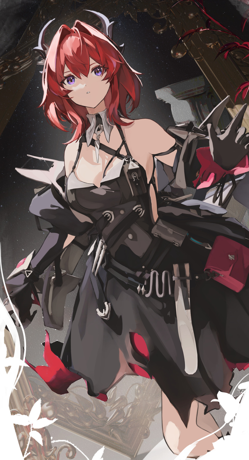 1girl, absurdres, arknights, bare_shoulders, black_dress, black_gloves, black_horns, breasts