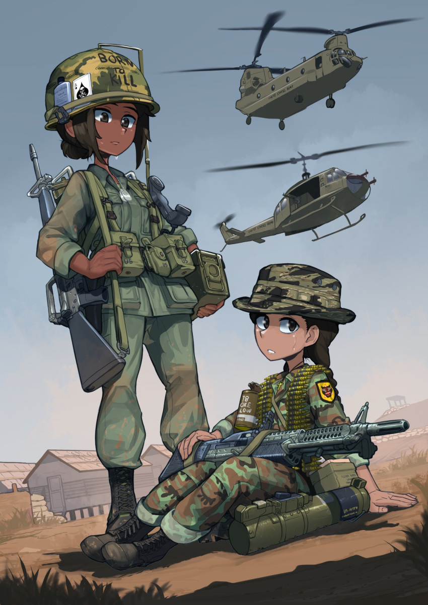 2girls, aircraft, ammunition_belt, ammunition_box, ammunition_pouch, army_of_the_republic_of_vietnam, assault_rifle, black_hair