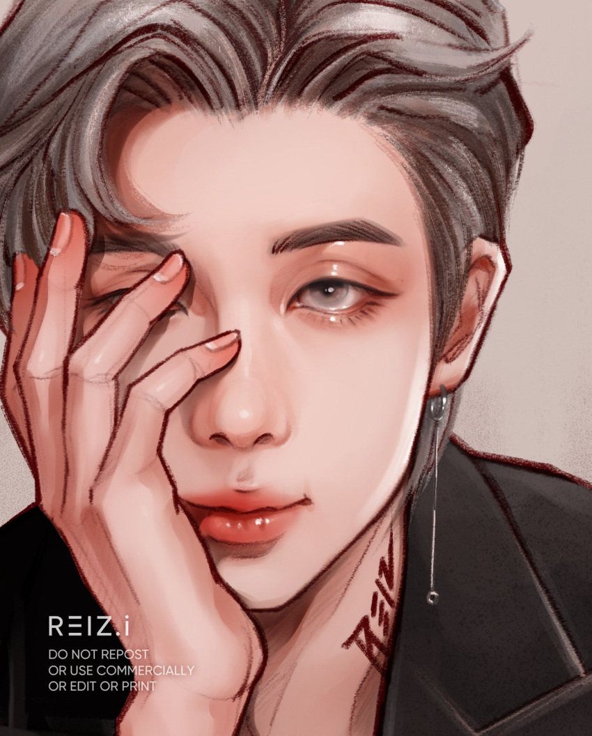 1boy, artist_name, bangtan_boys, black_jacket, close-up, closed_mouth, earrings, eyeshadow
