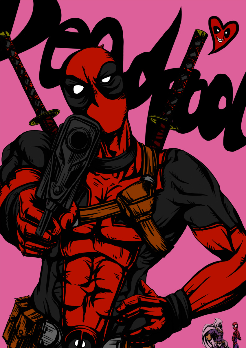 3boys, artist_request, character_name, deadpool, gun, highres, katana, marvel