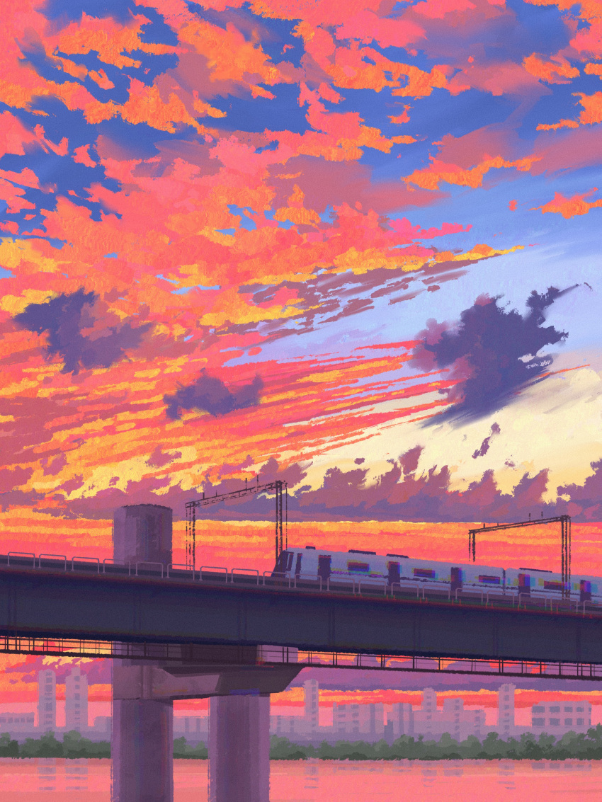 absurdres, blue_sky, bridge, building, city, clouds, cloudy_sky, evening