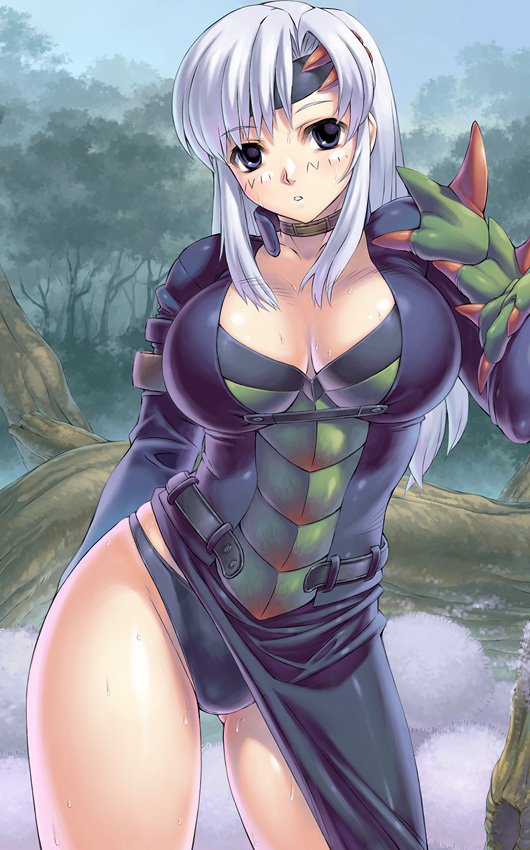 black_panties, blue_eyes, blush, breasts, capcom, cleavage, espinas, espinas_(armor)