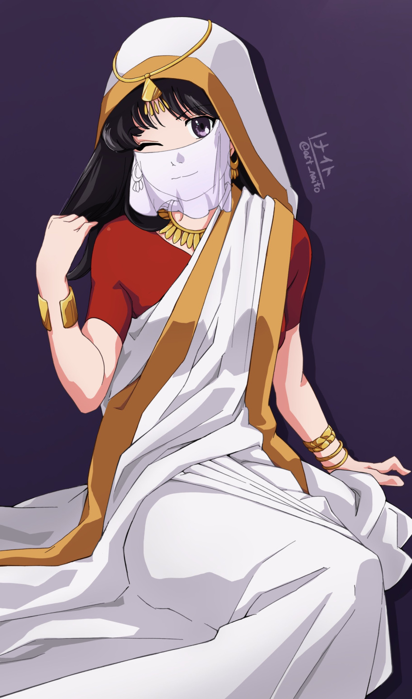 1girl, ;3, absurdres, bishoujo_senshi_sailor_moon, black_hair, bracelet, gold_bracelet, highres