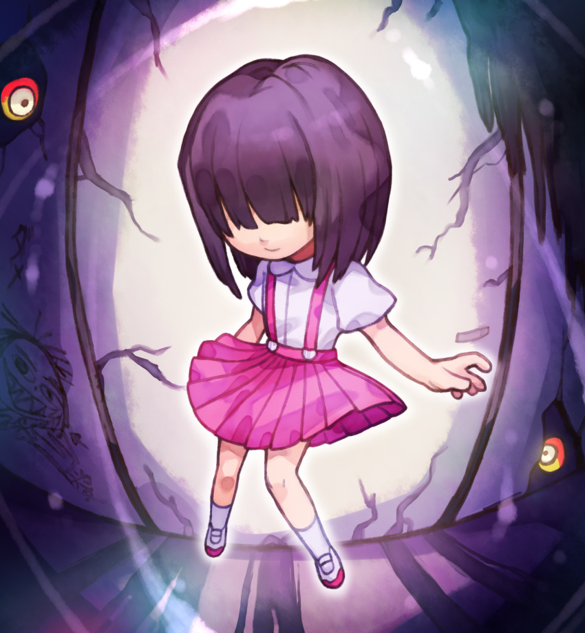 1girl, black_hair, full_body, graffiti, hair_over_eyes, hanako-san_(toire_no_hanako-san), highres, pleated_skirt