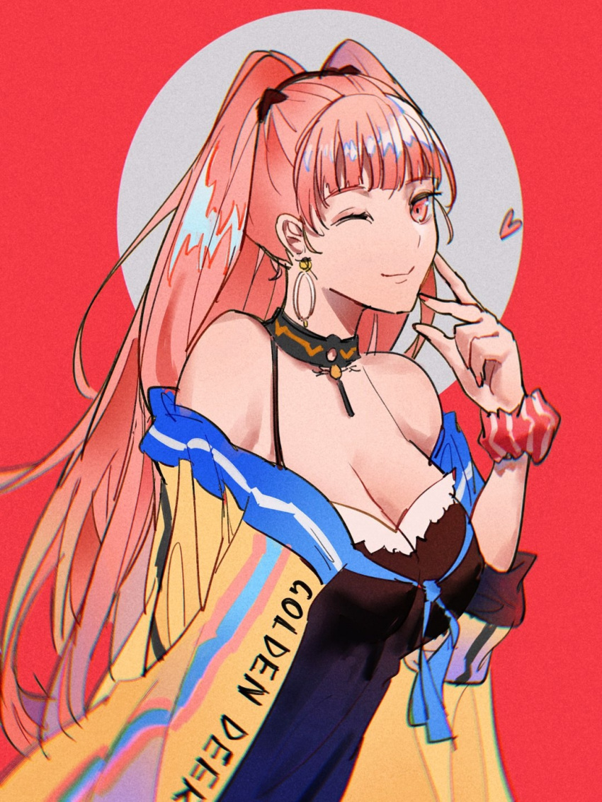 1girl, black_choker, breasts, byleth_(fire_emblem), chocolate_(jitong), choker, earrings, fire_emblem, highres, hilda_valentine_goneril, jewelry, large_breasts, long_hair, pink_eyes, pink_hair, smile, solo, twintails