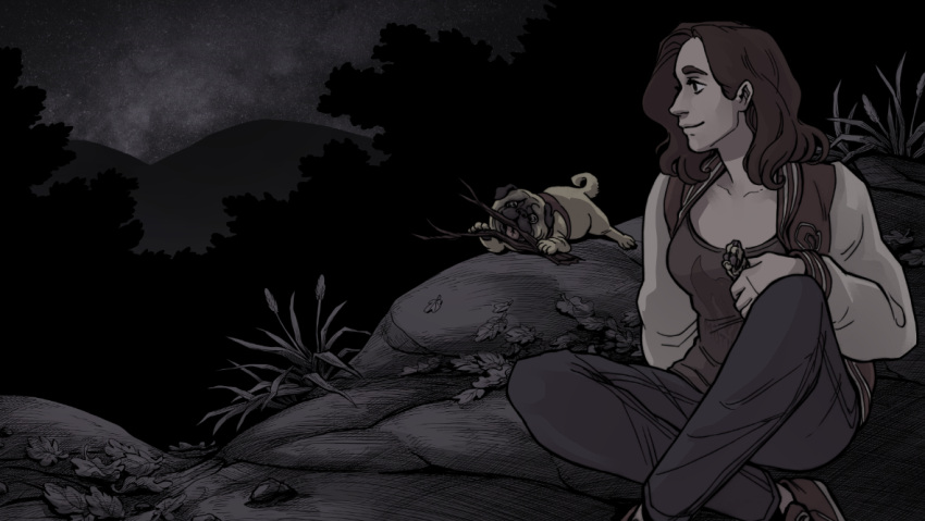 abby_howard, branch, breasts, brown_hair, cliff, commentary, dog, english_commentary