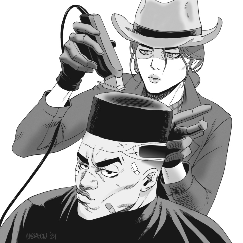1boy, 1girl, absurdres, bandaid, bandaid_on_cheek, bandaid_on_face, barber_cape, choso_giving_toudou_a_haircut_(meme)