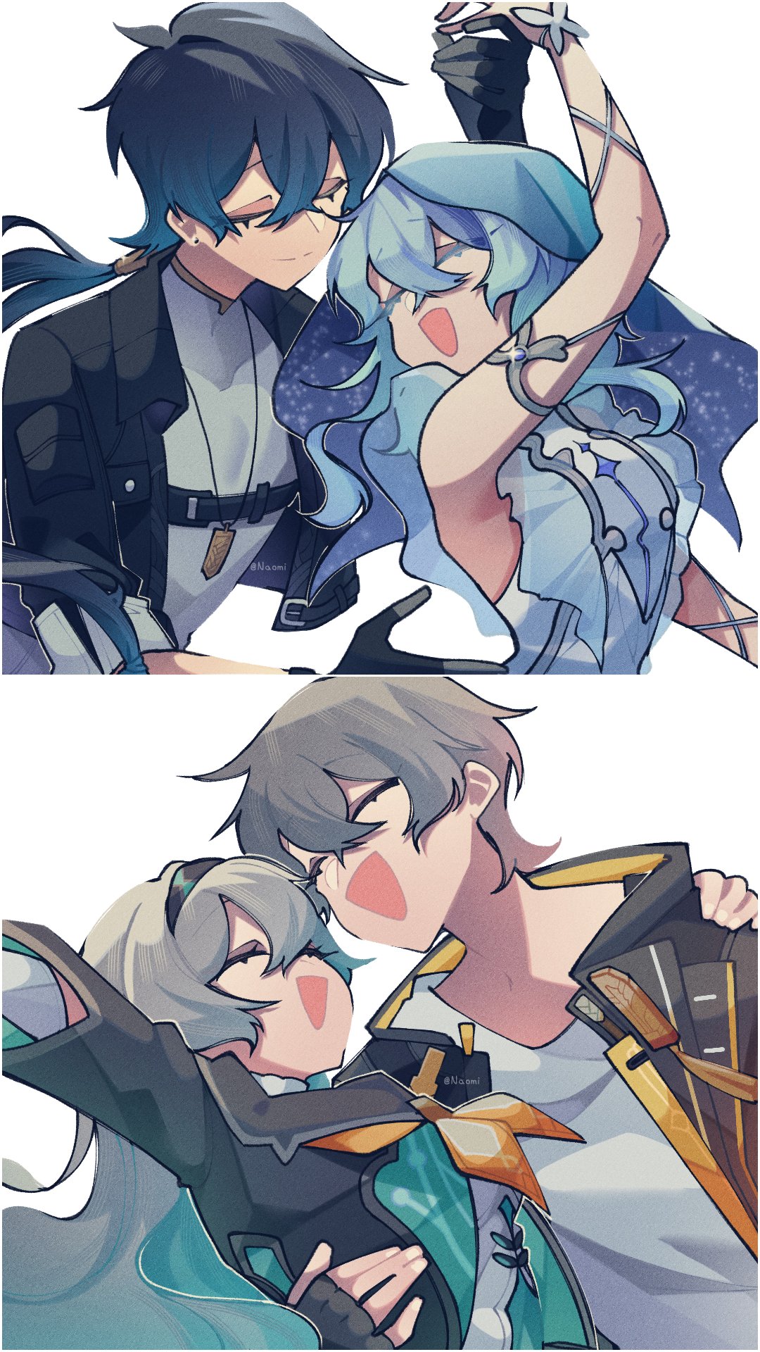 2boys, 2girls, armlet, black_gloves, black_jacket, blue_dress, blue_hair, blue_veil