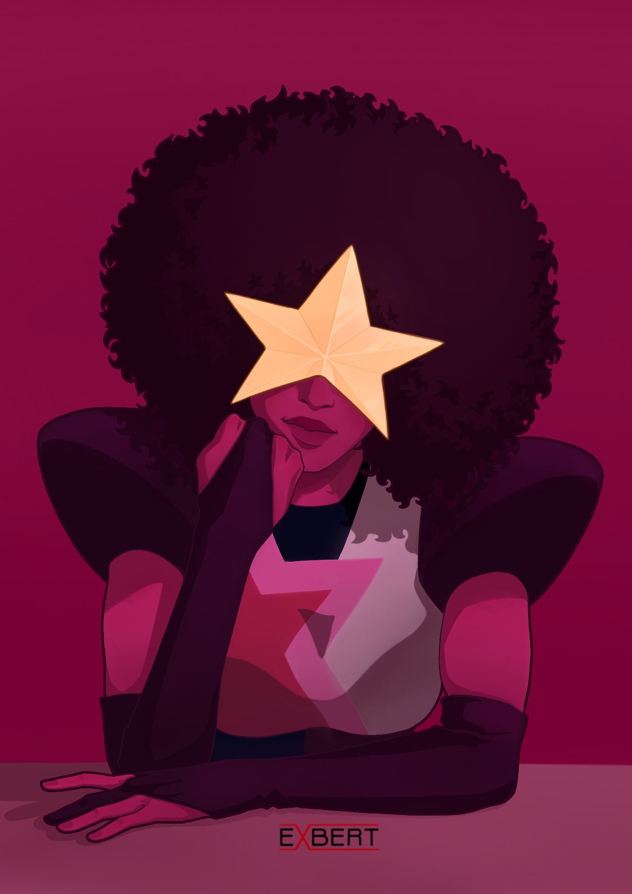 1girl, afro, artist_name, breasts, bridal_gauntlets, brown_hair, colored_skin, commentary