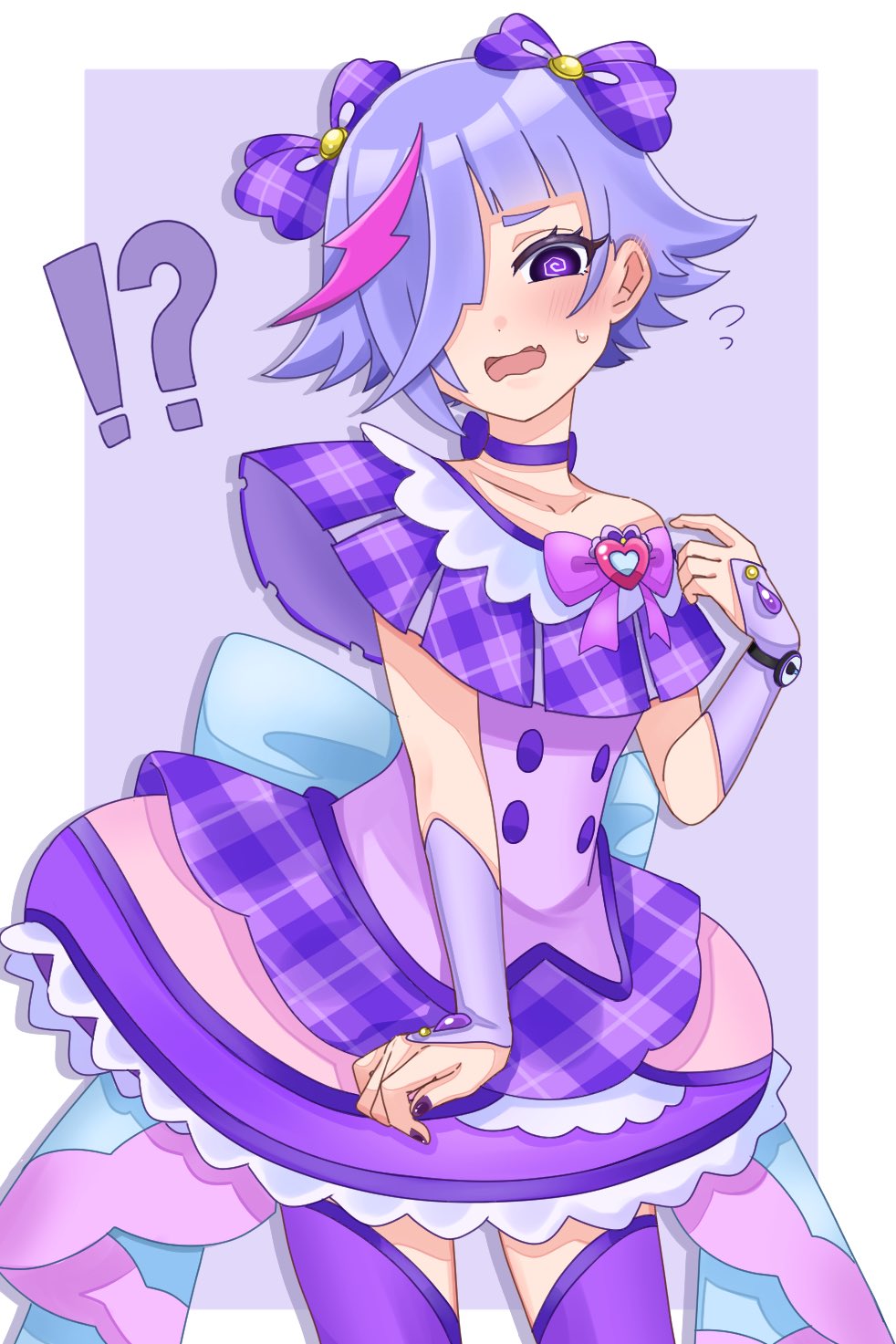 1girl, ahoge, black_eyes, black_nails, blunt_bangs, blush, bow, bridal_gauntlets, choker, cosplay, cure_kyunkyun, cure_kyunkyun_(cosplay), dark_chii, dress, frilled_dress, frills, hair_bow, hair_over_one_eye, highres, himitsu_no_aipri, magical_girl, mamiya_chii, multicolored_hair, open_mouth, pretty_series, purple_bow, purple_bridal_gauntlets, purple_choker, purple_dress, purple_hair, purple_sleeves, purple_thighhighs, short_hair, single_bare_shoulder, soraart0601, thigh-highs