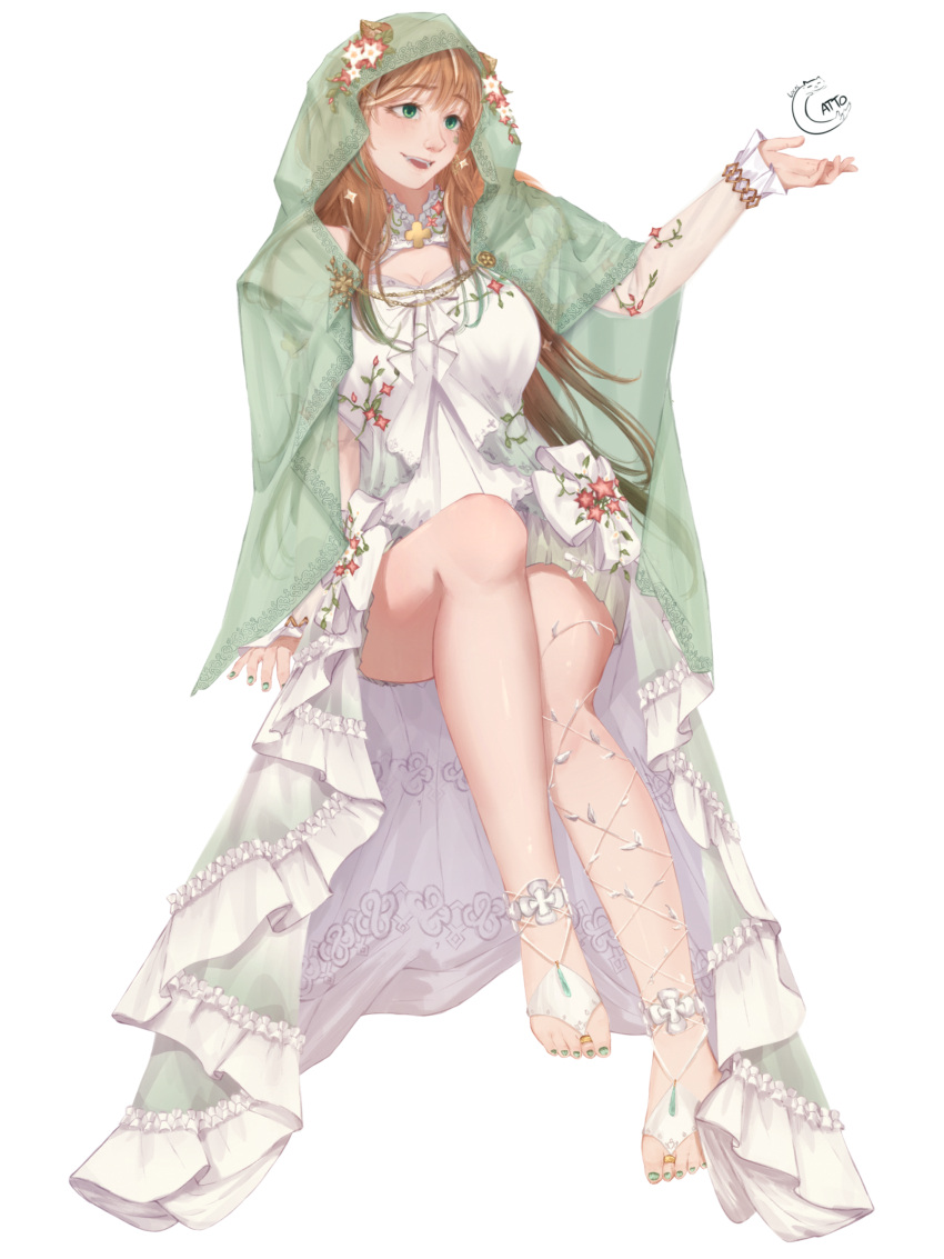 1girl, absurdres, animal_ears, arm_support, ayunda_risu, ayunda_risu_(7th_costume), breasts, brown_hair, cape, dress, feet, flower_ornament, green_cape, green_eyes, green_hair, green_nails, hair_ornament, highres, hololive, hololive_indonesia, jewelry, legs_together, local_catto, long_hair, medium_breasts, multicolored_hair, nail_polish, outstretched_arm, outstretched_hand, reaching, signature, simple_background, sitting, solo, squirrel_ears, squirrel_girl, streaked_hair, toe_ring, toenail_polish, toenails, very_long_hair, virtual_youtuber, white_background, white_dress