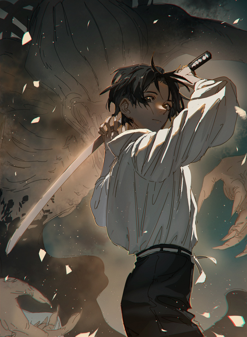 1boy, 1other, aura, belt, black_hair, black_pants, closed_mouth, cursed_spirit_(jujutsu_kaisen)