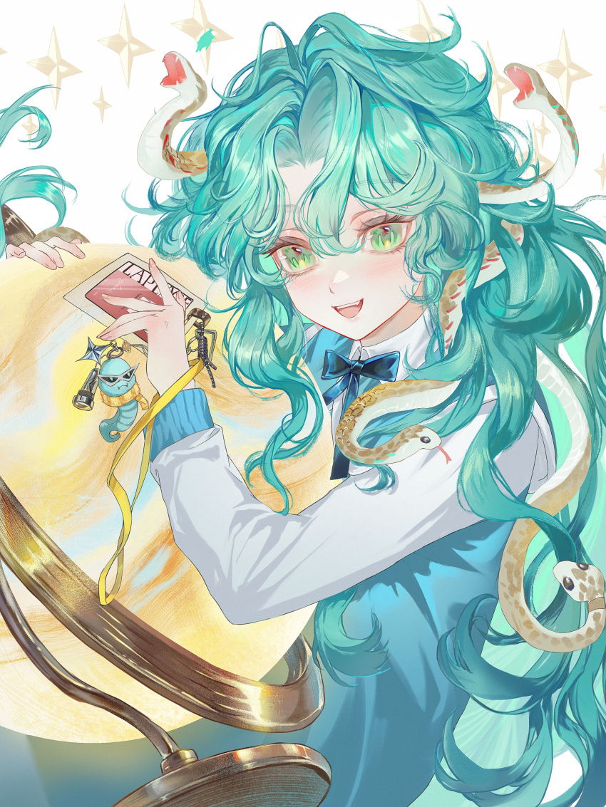 1girl, :d, absurdres, aged_down, aqua_hair, black_ribbon, blue_dress, charm_(object)