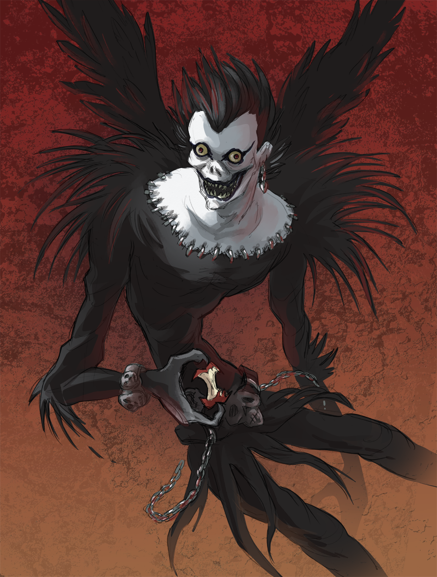 1boy, abby_howard, apple, apple_core, black_bodysuit, black_hair, bodysuit, chain