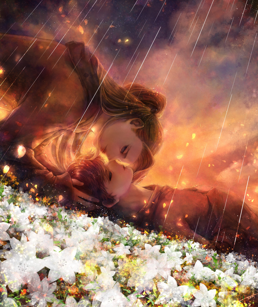 2boys, absurdres, black_sclera, blue_eyes, clouds, cloudy_sky, colored_sclera, commission, commissioner_upload, deidara_(naruto), face-to-face, falling_petals, flower, glowing, glowing_flower, glowing_petals, grey_eyes, high_ponytail, highres, implied_yaoi, kino_cozi, long_hair, looking_at_another, lying, male_focus, multiple_boys, naruto_(series), naruto_shippuuden, non-web_source, parted_lips, petals, ponytail, rain, red_hair, robe, sasori_(naruto), short_hair, skeb_commission, sky, smile, star_(sky), sunset, white_flower, yellow_petals