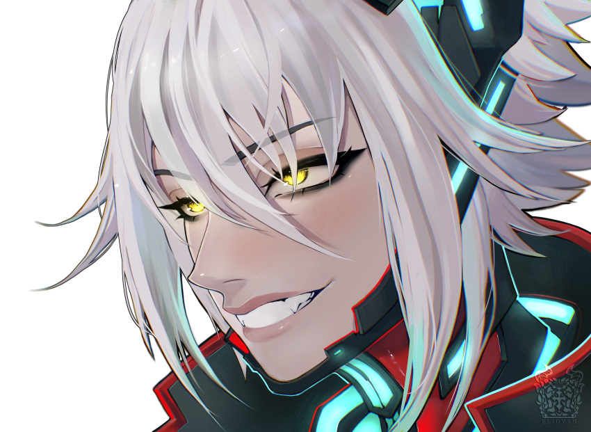 1girl, chin_guard, close-up, elidyah, english_commentary, fangs, grin, highres