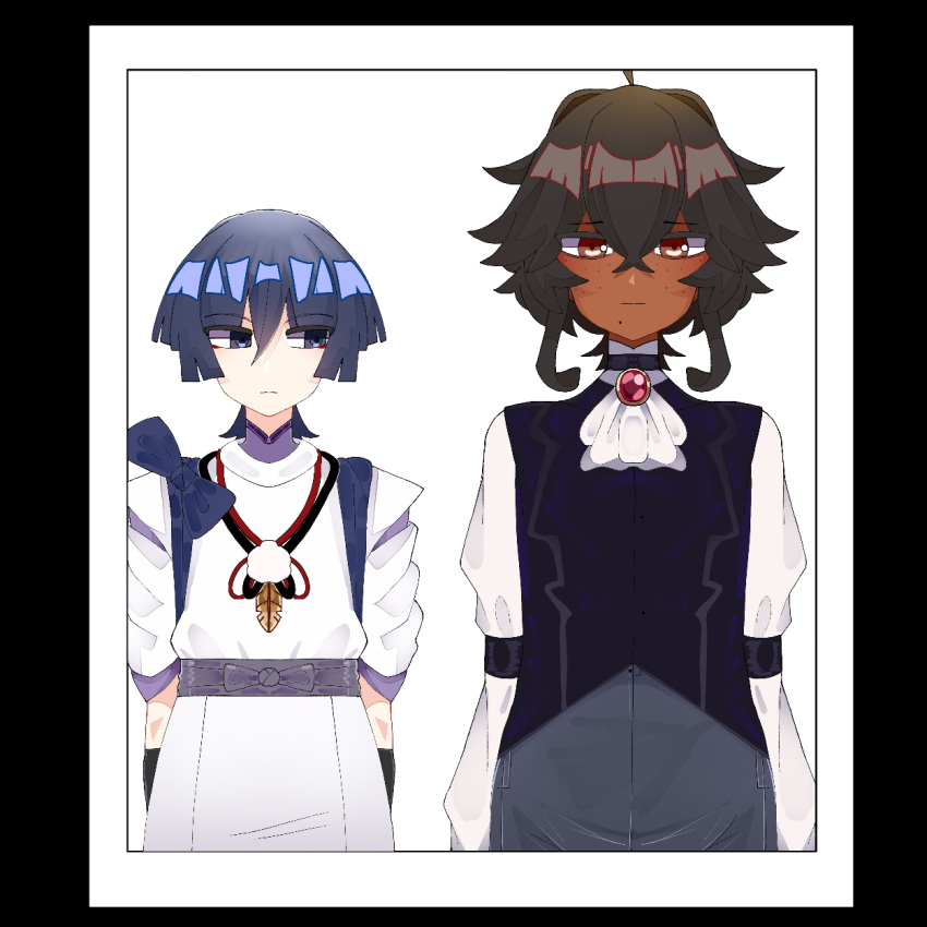 1boy, 1girl, androgynous, armor, arms_at_sides, ascot, black_border, black_hair