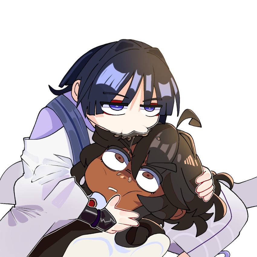 1boy, 1girl, armor, black_hair, blunt_ends, bright_pupils, brown_hair, cheek_press