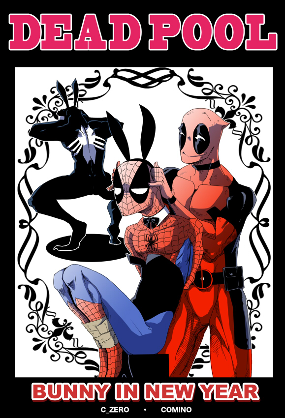 3boys, angry, arms_behind_back, belt, bodysuit, bondage, bowtie, bunny_ears, chair, character_name, choker, collar, completezero, deadpool, maek, male, marvel, mask, multiple_boys, muscle, smile, spider-man, tape, venom_(marvel)