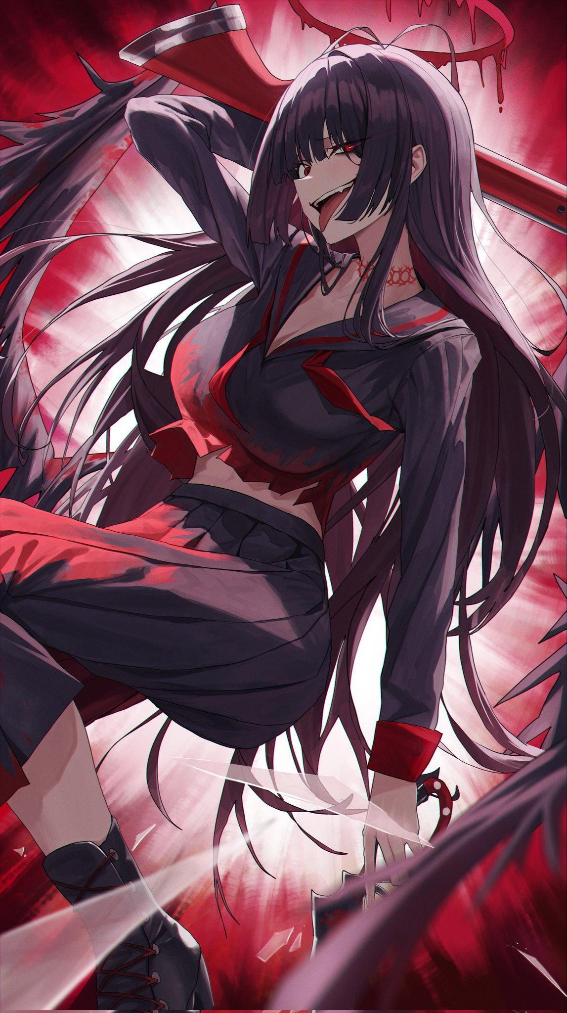 1girl, black_sailor_collar, black_shirt, black_shoes, black_skirt, black_wings, blood, blood_halo