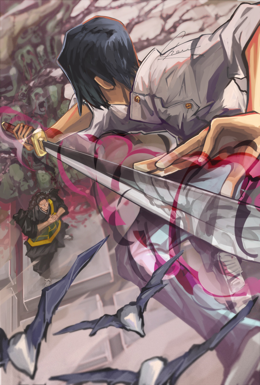 2boys, black_hair, black_kimono, black_pants, buttons, cursed_energy_(jujutsu_kaisen), cursed_spirit_(jujutsu_kaisen), domain_expansion