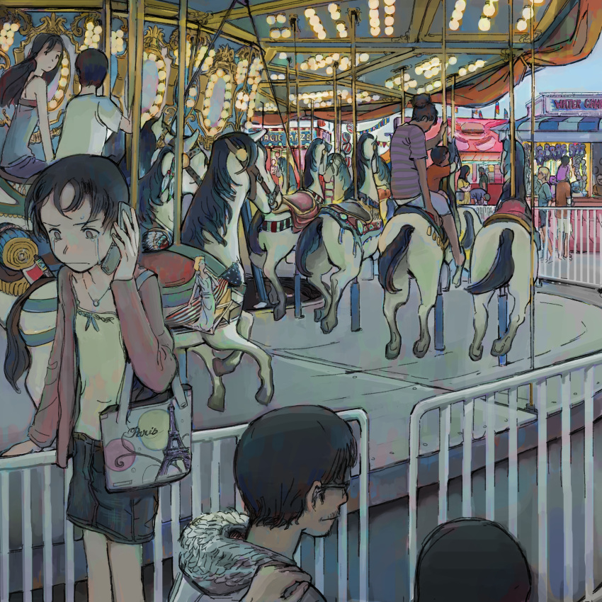 1other, 3boys, 3girls, absurdres, amusement_park, angry, bag, black_hair