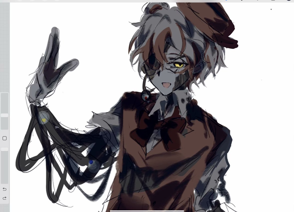1boy, :d, android, art_program_in_frame, bow, bowtie, brown_bow, brown_bowtie, brown_hair, brown_streaks, brown_vest, cable, collared_shirt, commentary, five_nights_at_freddy's, freddy_fazbear's_pizzeria_simulator, gloves, glowing, glowing_eye, male_focus, mechabare, mechanical_arms, molten_freddy, multicolored_hair, one_eye_covered, open_mouth, personification, procreate_(medium), procreate_(software), purazumarokku, shirt, short_hair, simple_background, sketch, smile, solo, streaked_hair, two-tone_hair, very_short_hair, vest, waistcoat, white_background, white_gloves, white_hair, white_shirt, yellow_eyes
