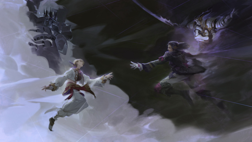 1boy, 1girl, absurdres, afumau_(final_fantasy), alexander_(final_fantasy), black_boots, black_hair, black_jacket