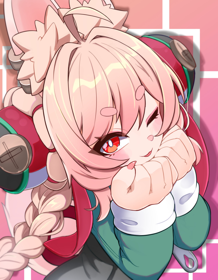 1girl, :3, animal_ear_fluff, animal_ears, blonde_hair, blush, braid, fingernails