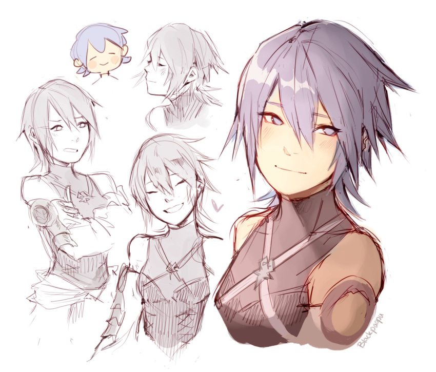 1girl, aqua_(kingdom_hearts), artist_name, black_shirt, blackpaopu, blue_eyes, blue_hair, blush_stickers, chibi, chibi_inset, closed_eyes, corset, crossed_arms, detached_sleeves, english_commentary, kingdom_hearts, kingdom_hearts_birth_by_sleep, light_blush, looking_to_the_side, medium_hair, multiple_views, shirt, shoulder_strap, smile, turtleneck, turtleneck_shirt, upper_body, white_background