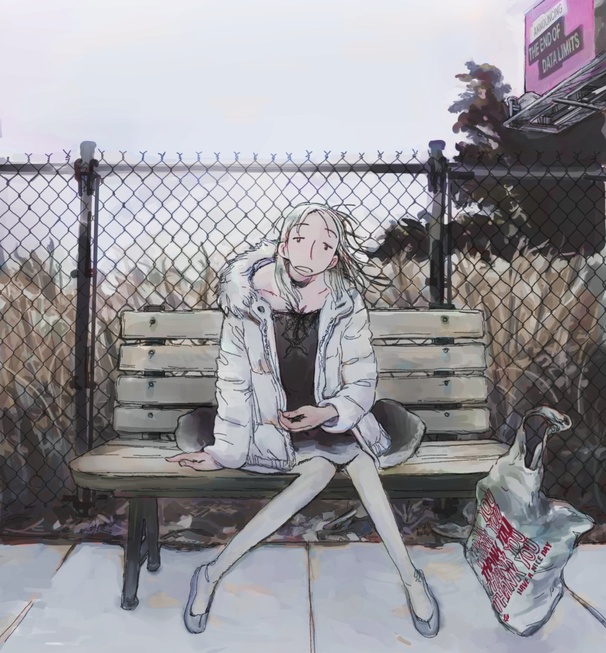 1girl, arm_support, bag, ballerina, billboard, black_choker, black_dress, black_eyes