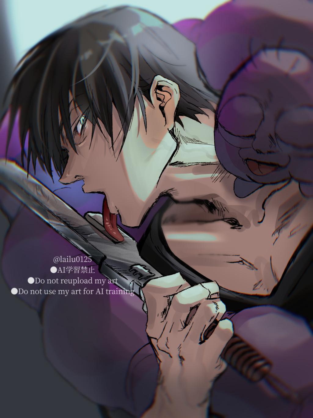1boy, 1other, adam's_apple, artist_name, black_hair, black_shirt, blurry, blurry_background, collarbone, facing_to_the_side, fushiguro_touji, green_eyes, highres, holding, inventory_curse_(jujutsu_kaisen), inverted_spear_of_heaven_(jujutsu_kaisen), jujutsu_kaisen, lailu, licking, licking_weapon, looking_at_viewer, male_focus, open_mouth, shirt, short_hair, simple_background, solo, weapon