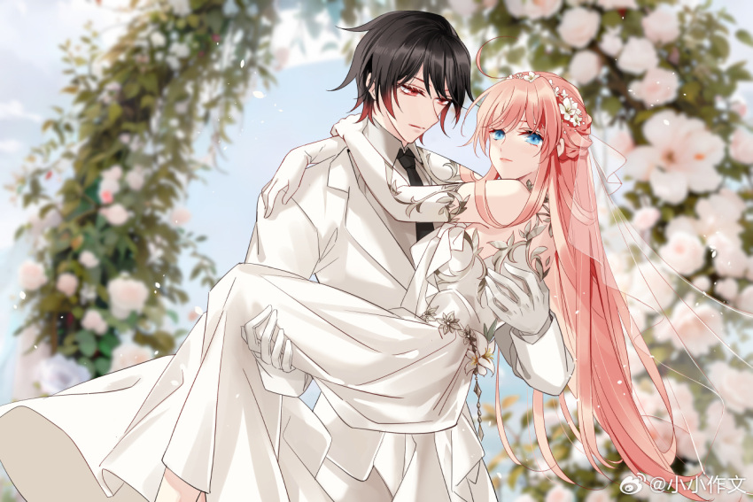 1boy, 1girl, arch, bare_shoulders, black_hair, black_necktie, blue_eyes, blurry