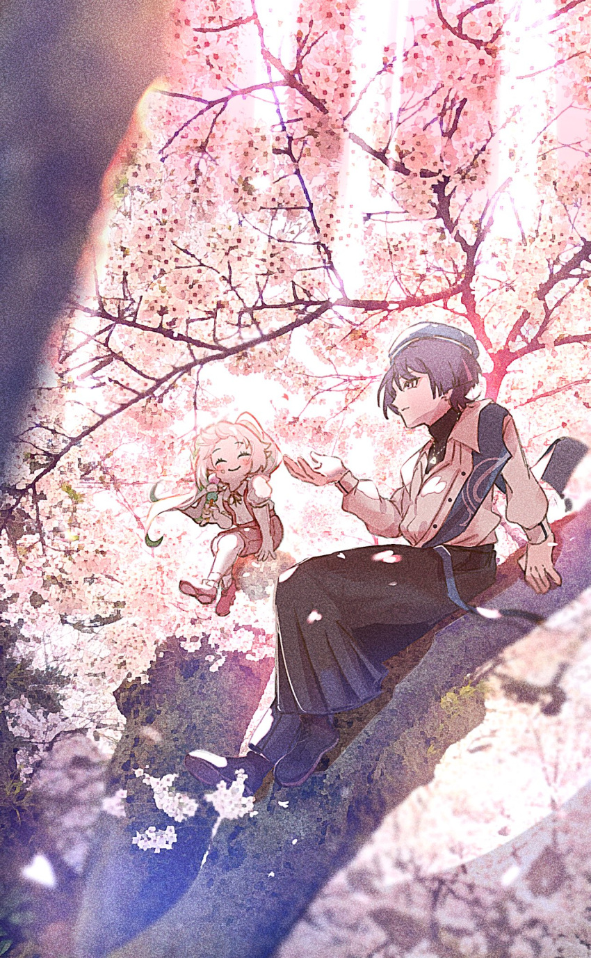 1boy, 1girl, 8ajaj8, alternate_costume, arm_at_side, arm_support, beret, black_boots, black_hair, black_pants, black_shirt, black_undershirt, blouse, blue_hat, blunt_ends, boots, cherry_blossoms, closed_eyes, closed_mouth, collared_shirt, colored_tips, dango, eyelashes, facing_another, food, food_on_face, genshin_impact, gold_necklace, green_hair, grey_shorts, hair_pulled_back, half_crown_braid, hand_up, hat, highres, holding, holding_food, jewelry, lace-up_boots, long_hair, long_sleeves, multicolored_hair, nahida_(genshin_impact), necklace, official_alternate_costume, open_hands, outdoors, pants, pink_shoes, puffy_sleeves, purple_hair, sanshoku_dango, scaramouche_(genshin_impact), shirt, shoes, shorts, side_ponytail, sidelocks, sitting_on_branch, smile, socks, streaked_hair, suspender_shorts, suspenders, turtleneck, turtleneck_shirt, wagashi, wanderer_(genshin_impact), wanderer_(wanderer_impression)_(genshin_impact), white_hair, white_shirt, white_sleeves, white_socks, wing_collar