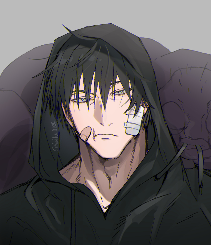 1boy, bandage_on_face, bandages, bandaid, bandaid_on_cheek, bandaid_on_face, black_hair, black_hoodie, cursed_spirit_(jujutsu_kaisen), drawstring, expressionless, fushiguro_touji, grey_background, highres, hood, hood_up, hoodie, inventory_curse_(jujutsu_kaisen), jujutsu_kaisen, lailu, looking_at_viewer, male_focus, mature_male, muscular, muscular_male, scar, scar_on_face, scar_on_mouth, short_hair, simple_background, solo, worm
