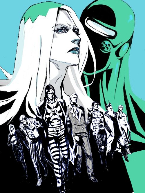 1other, 6+boys, aqua_background, blurry, blurry_background, formaggio, ghiaccio, illuso