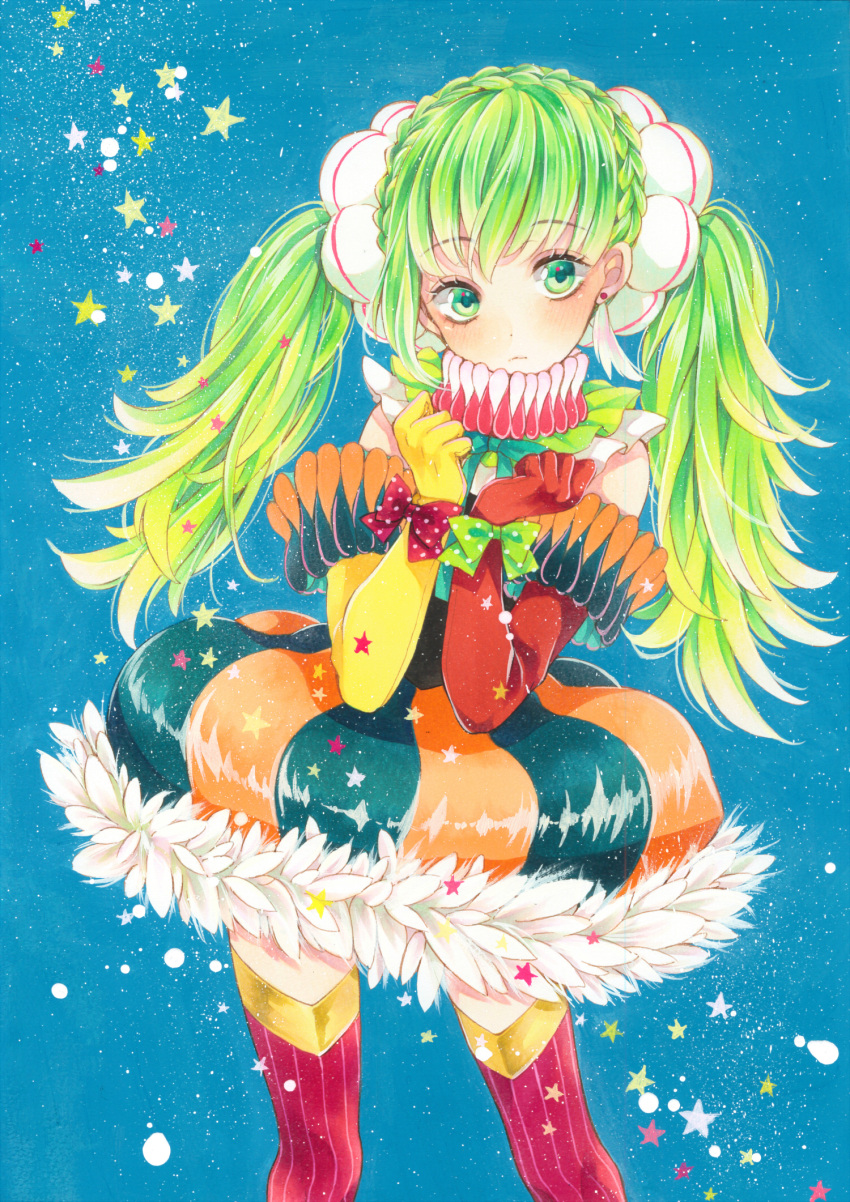 1girl, asymmetrical_gloves, black_dress, blue_background, blue_ribbon, blush, bow, braid