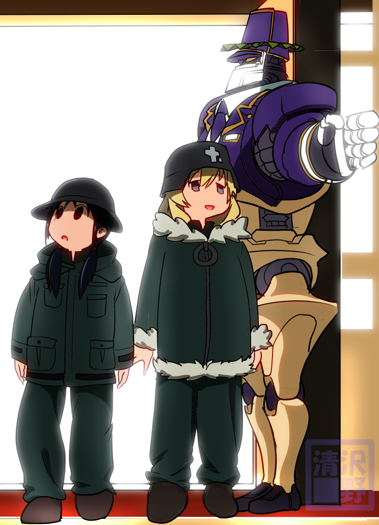 apocalypse_hotel, black_eyes, blonde_hair, brodie_helmet, brown_hair, chito_(shoujo_shuumatsu_ryokou), coat, combat_helmet