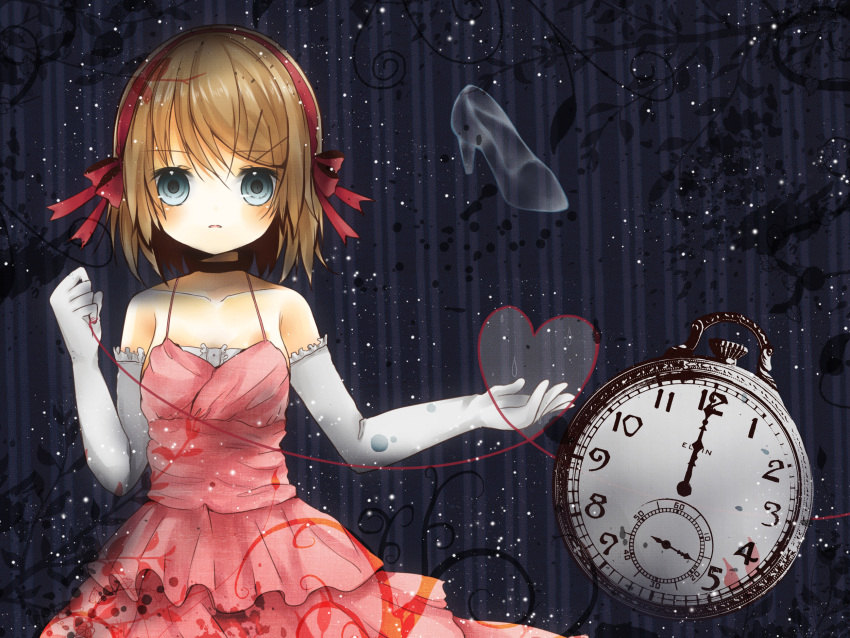 blonde_hair, blue_eyes, child, choker, cinderella_syndrome_(vocaloid), clock, dress, elbow_gloves