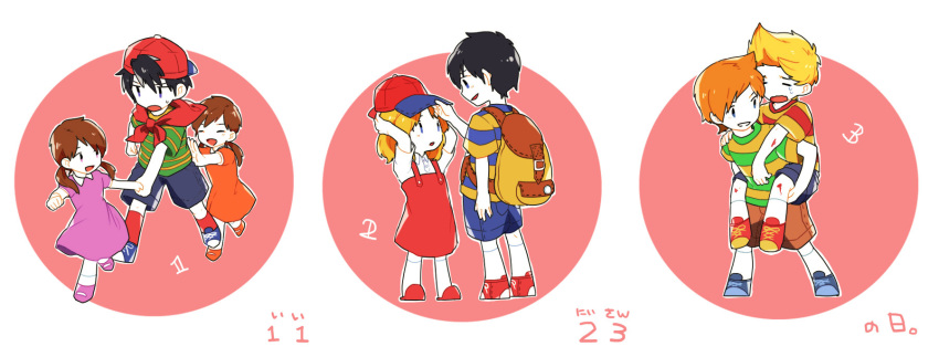 3girls, 4boys, a_10sun, backpack, bag, baseball_cap, black_hair, blonde_hair