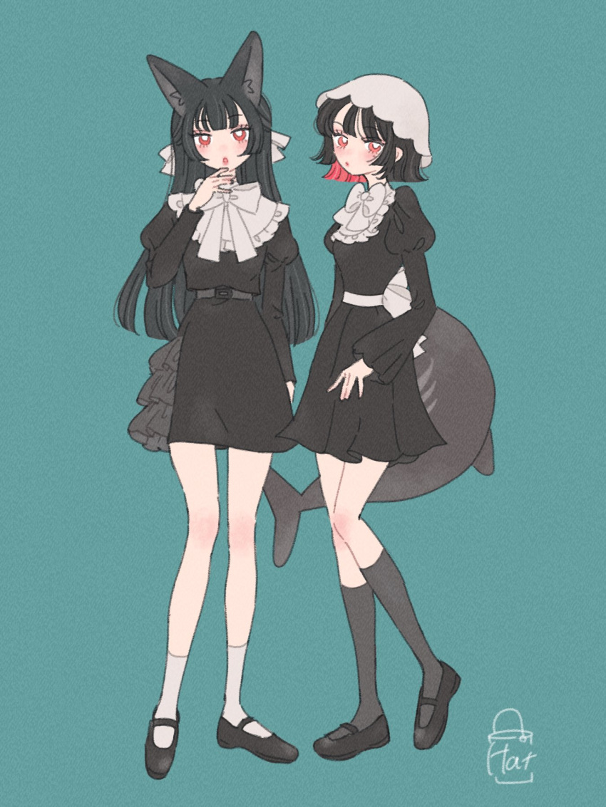2girls, :o, alternate_costume, animal_ears, belt, black_belt, black_dress, black_hair