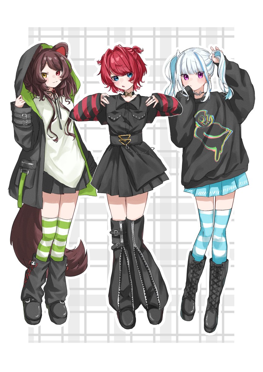 3girls, 3znk, :3, absurdres, alternate_costume, alternate_hairstyle, ange_katrina, animal_ear_piercing