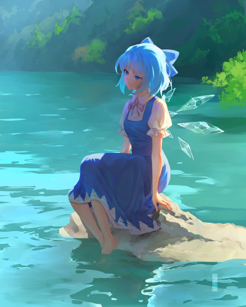 1girl, arms_at_sides, artist_name, barefoot, blue_bow, blue_dress, blue_eyes, blue_hair