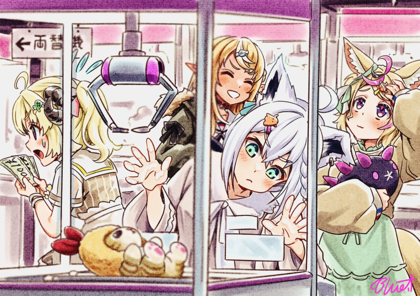4girls, ahoge, animal_ears, bakatare_(hololive), blonde_hair, blurry, braid, breasts