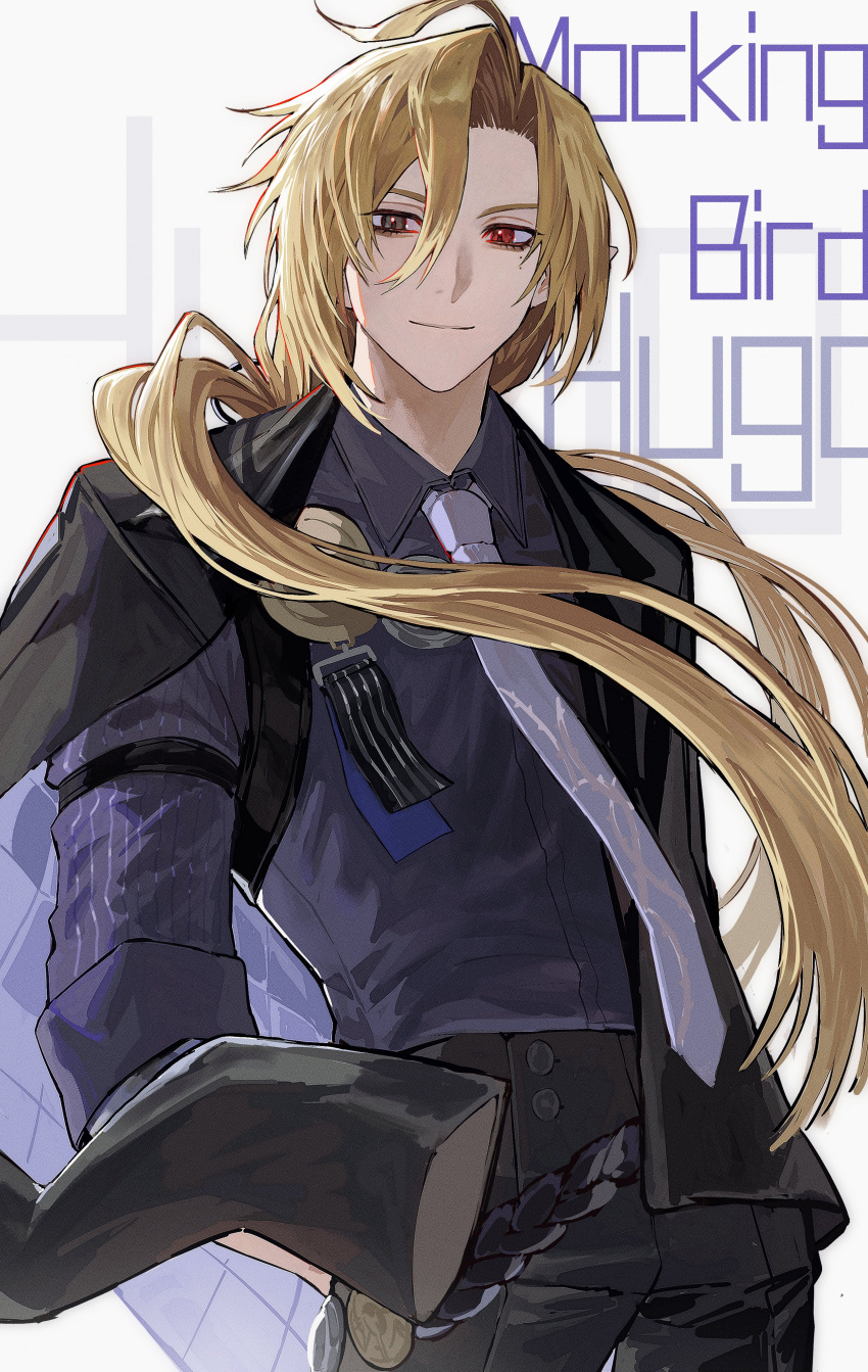 1boy, absurdres, black_gloves, black_jacket, black_pants, blonde_hair, character_name, collared_shirt