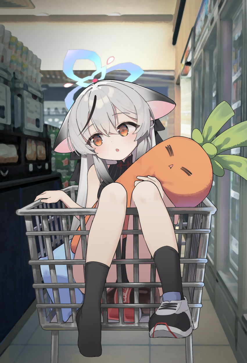 1girl, :o, absurdres, animal_ears, biluoyao, black_hair, black_socks, blue_archive