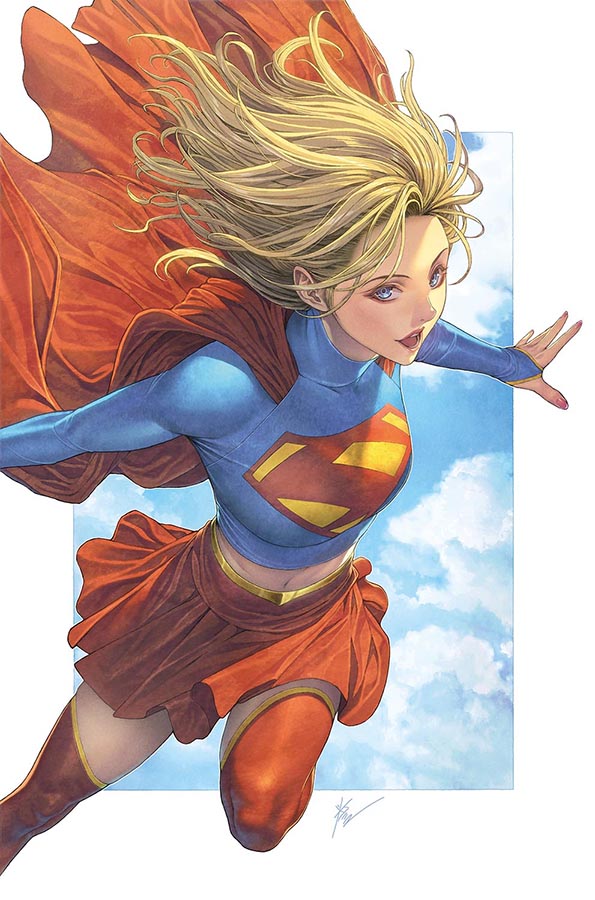 1girl, blonde_hair, blue_eyes, boots, cape, commentary_request, crop_top, dc_comics, flying, homare_(fool's_art), long_sleeves, looking_at_viewer, open_mouth, red_boots, red_cape, short_hair, simple_background, smile, solo, supergirl, superhero_costume, superman_(series), superman_logo, thigh-highs, white_background